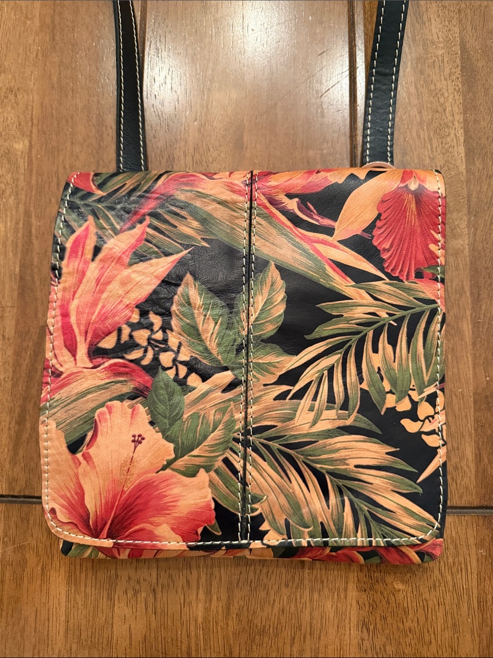 Patricia Nash Italian Leather Tropical Floral Crossbody Bag in Black Green Coral